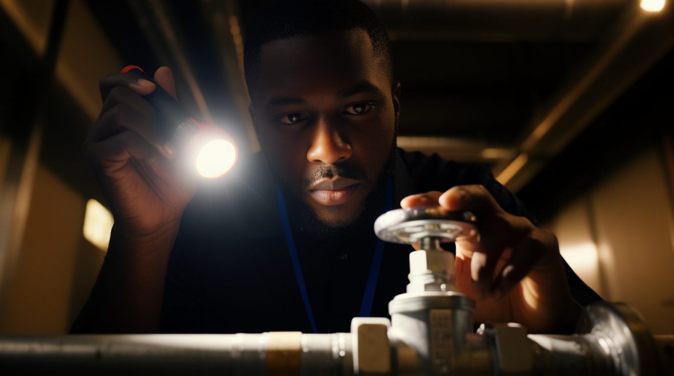 Khoza and Co inspector examining a valve by torchlight