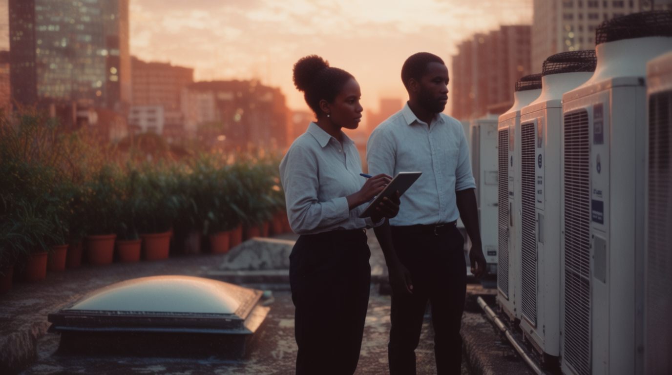 Khoza and Co professionals surveying rooftop plant at dusk