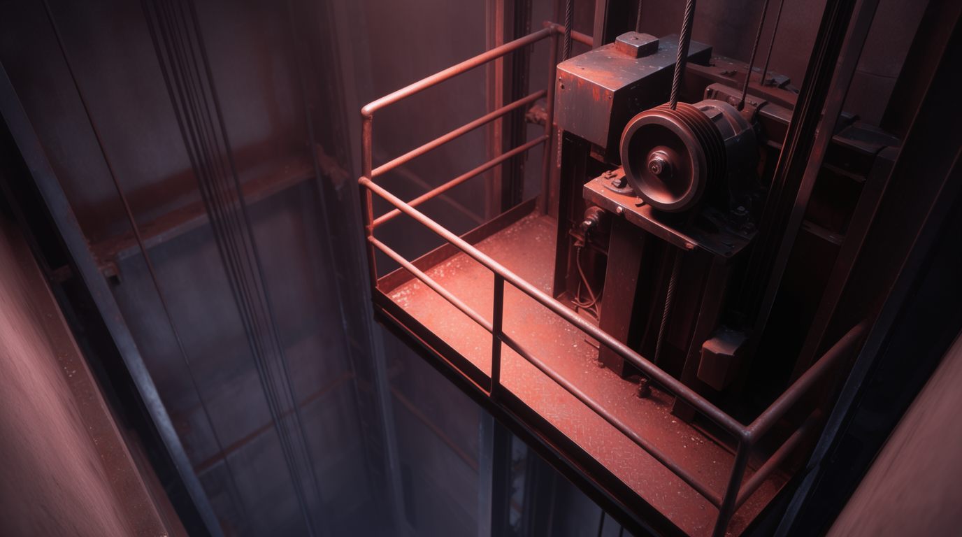 Elevator machine room above a deep shaft